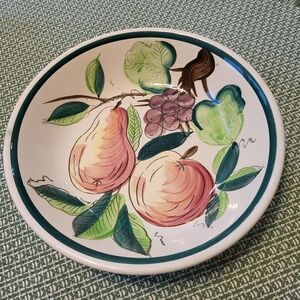 Vintage Ironstone Handpainted Fruit Bowl MCM Apple Pear Grapes Green 11" Dia